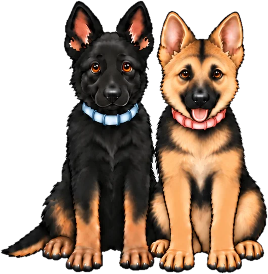Justice and Mercy, two German Shepherd puppies sitting side by side