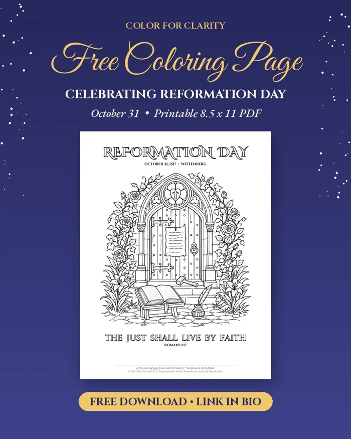 Reformation Day free coloring page: a church door with roses and an open Bible, The Just Shall Live by Faith, Romans 1:17